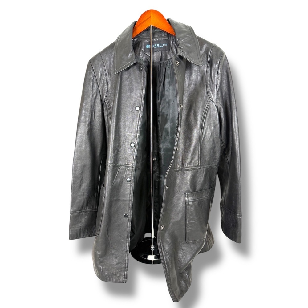Kenneth Cole Reaction Leather Jacket Women's Medium Black Coat Y2K Moto‎ Retro